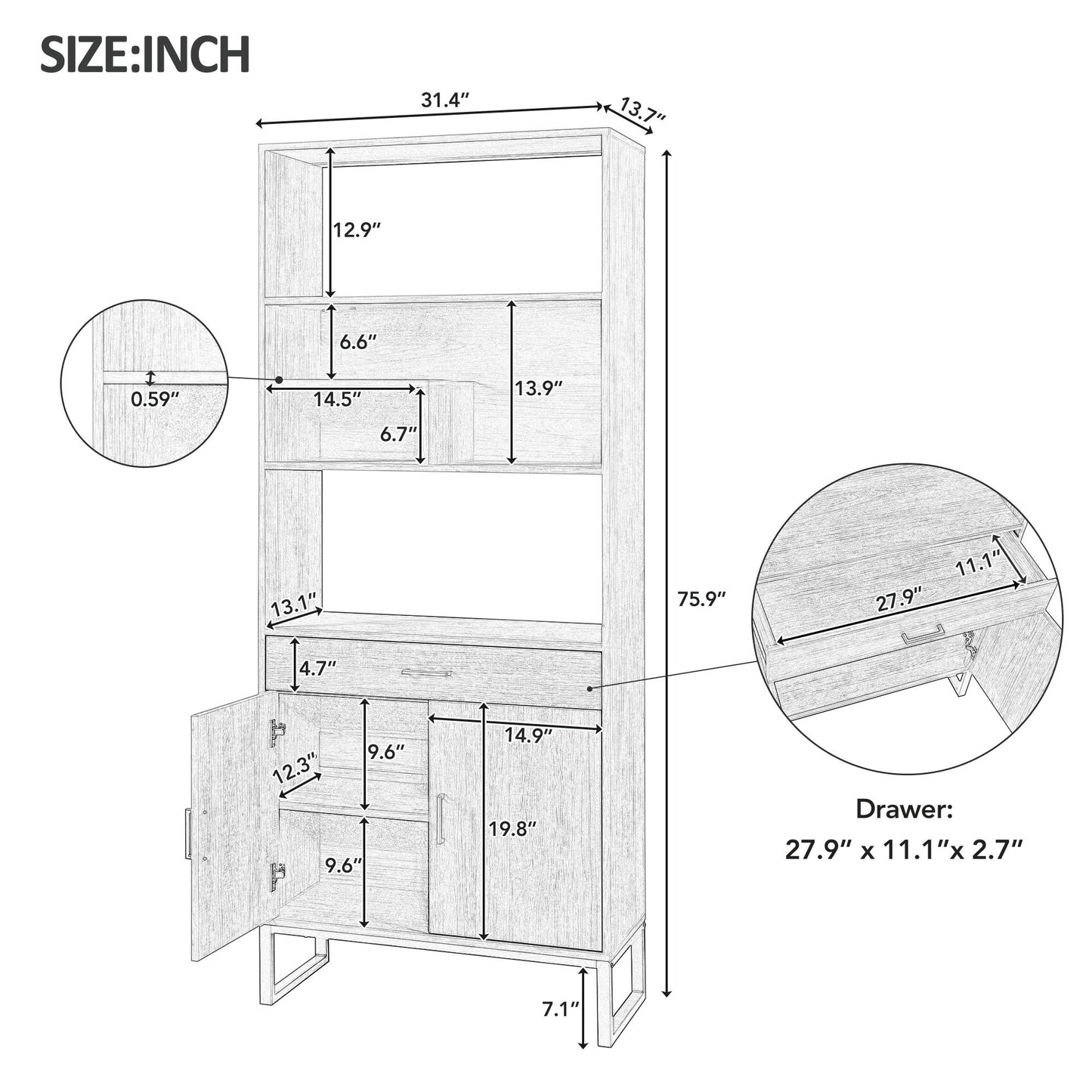 Tall Walnut Finish Open Bookshelf with LED Lights and Storage Drawer for Living Room and Office