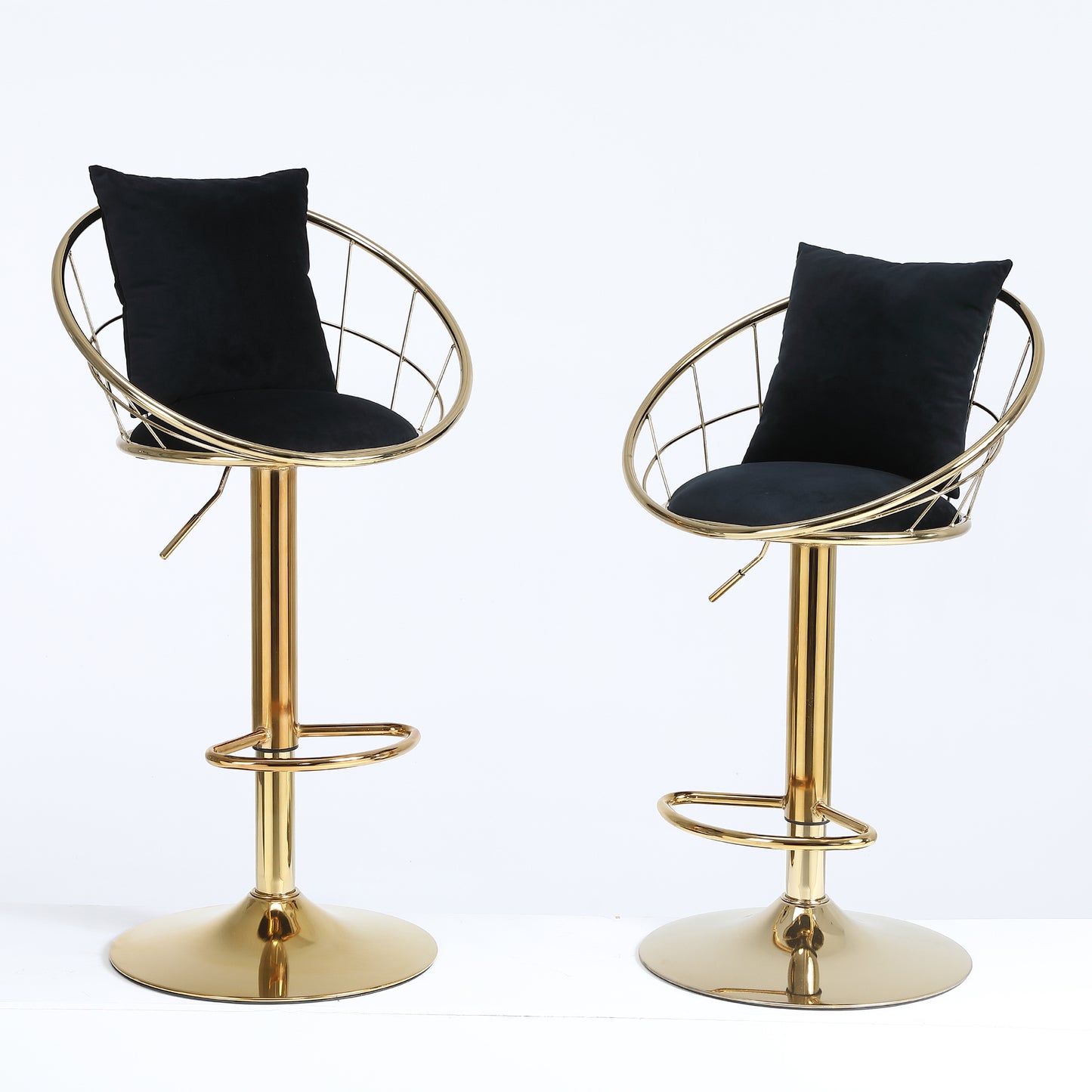 Black Velvet Bar Chair Set of 2 Gold Plated Unique Design 360 Degree Rotation Adjustable Height Ideal for Dining Room and Bar