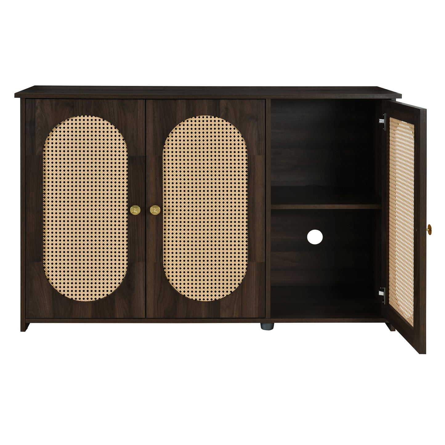 Retro 3-Door Accent Cabinet with Rattan Doors and Metal Handles for Living Room and Hallway Storage Brown