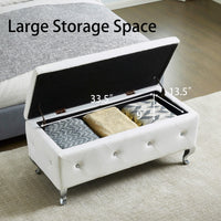 Upholstered Storage Ottoman Bench Faux Leather Rectangular Footrest with Crystal Buttons for Bedroom Living Room Entryway White