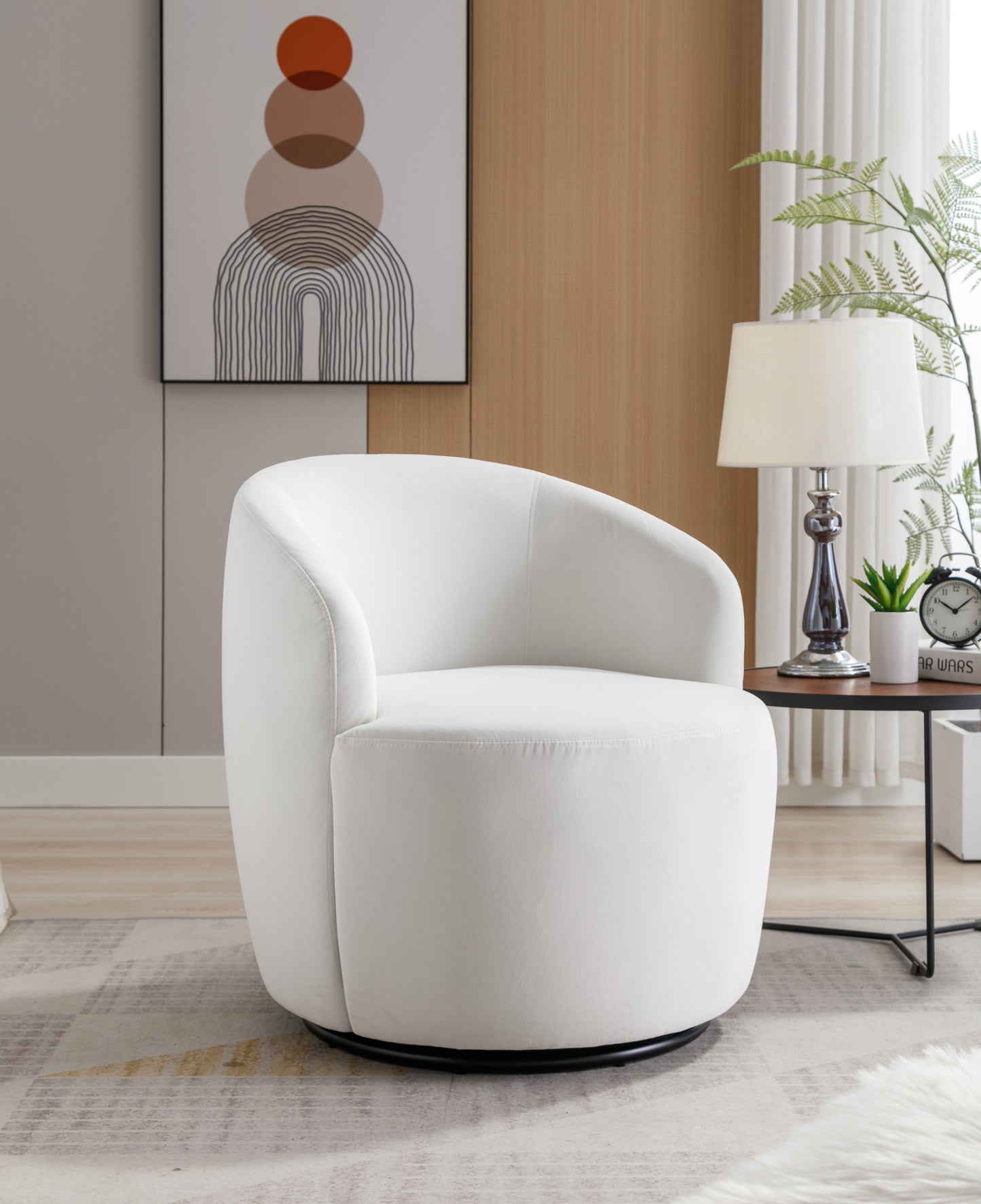 Velvet Fabric Swivel Accent Armchair Barrel Chair with Black Metal Ring Base White