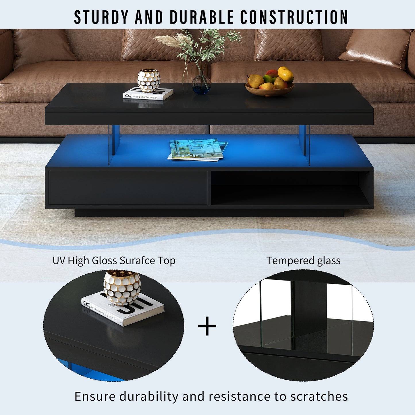 Modern LED Coffee Table with Storage and Display Shelves, Black Center Table with 2 Drawers for Living Room