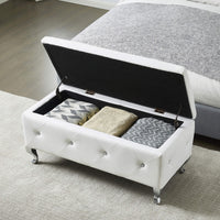 Upholstered Storage Ottoman Bench Faux Leather Rectangular Footrest with Crystal Buttons for Bedroom Living Room Entryway White