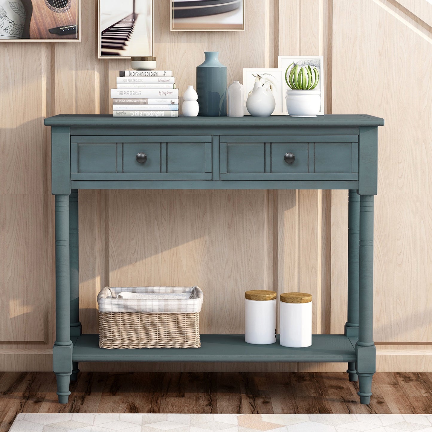 Traditional Console Table with Two Drawers and Bottom Shelf in Navy Finish