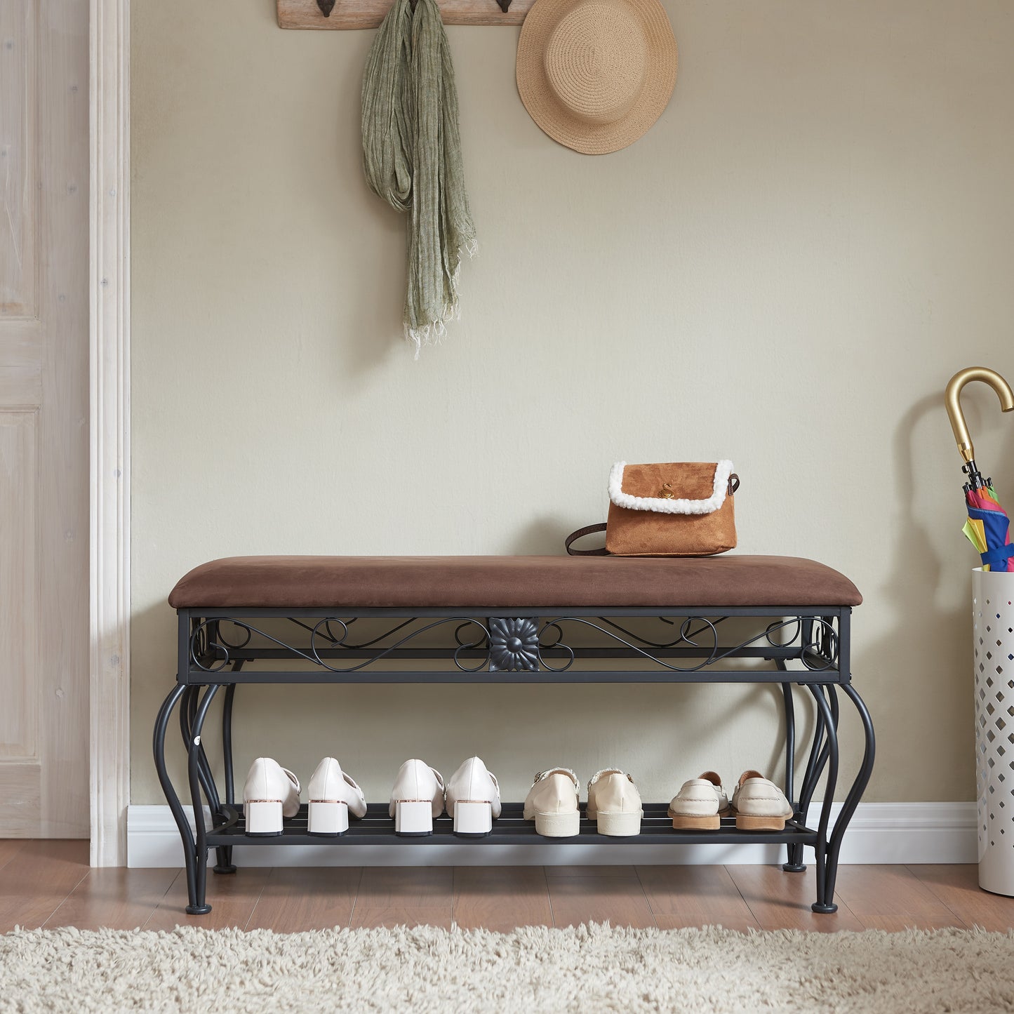 Industrial Entryway Bench with Shoe Rack Upholstered Multipurpose Storage for Small Spaces Rustic Design