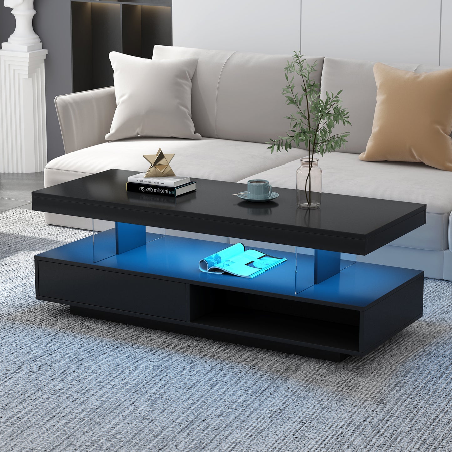 Modern LED Coffee Table with Storage and Display Shelves, Black Center Table with 2 Drawers for Living Room