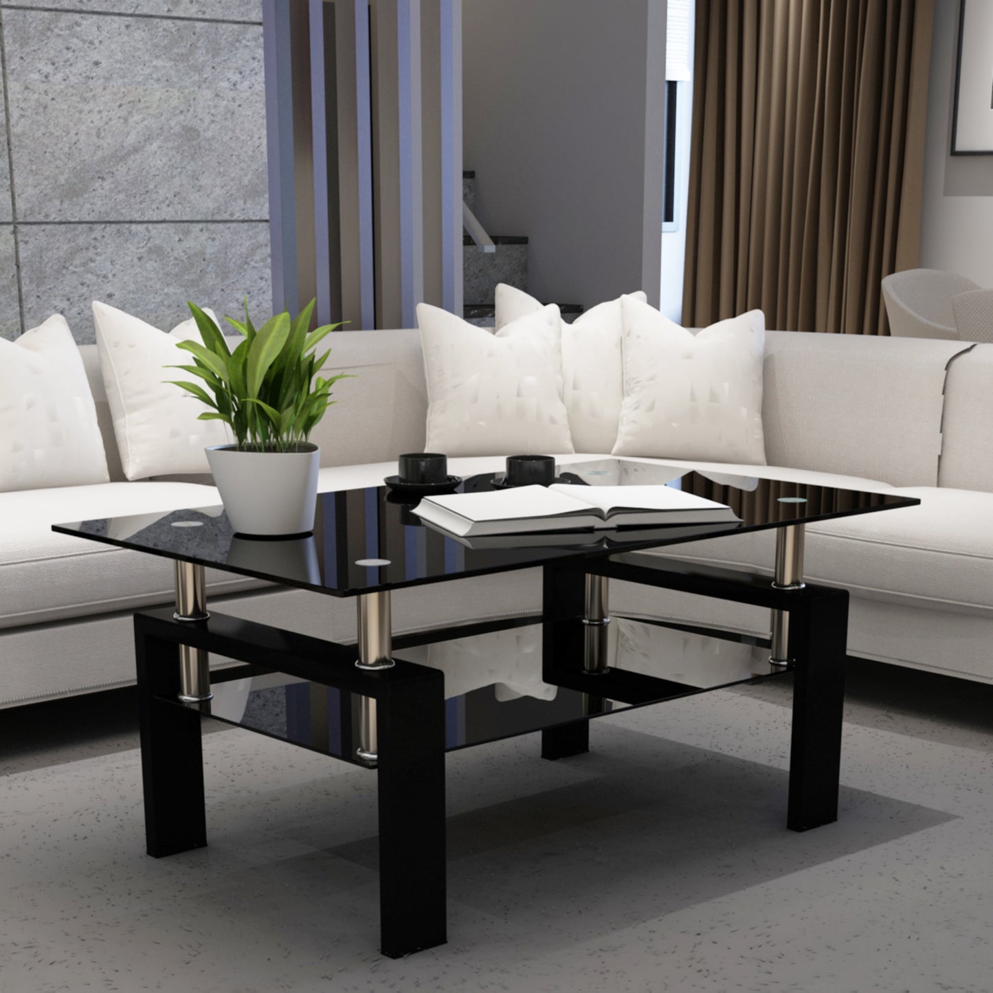 Modern Rectangle Black Glass Coffee Table Clear Center Table for Living Room Stylish Furniture