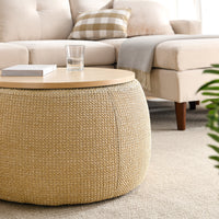 Round Storage Ottoman, 2 in 1 Function, Work as End table and Ottoman, Natural (25.5"x25.5"x14.5")