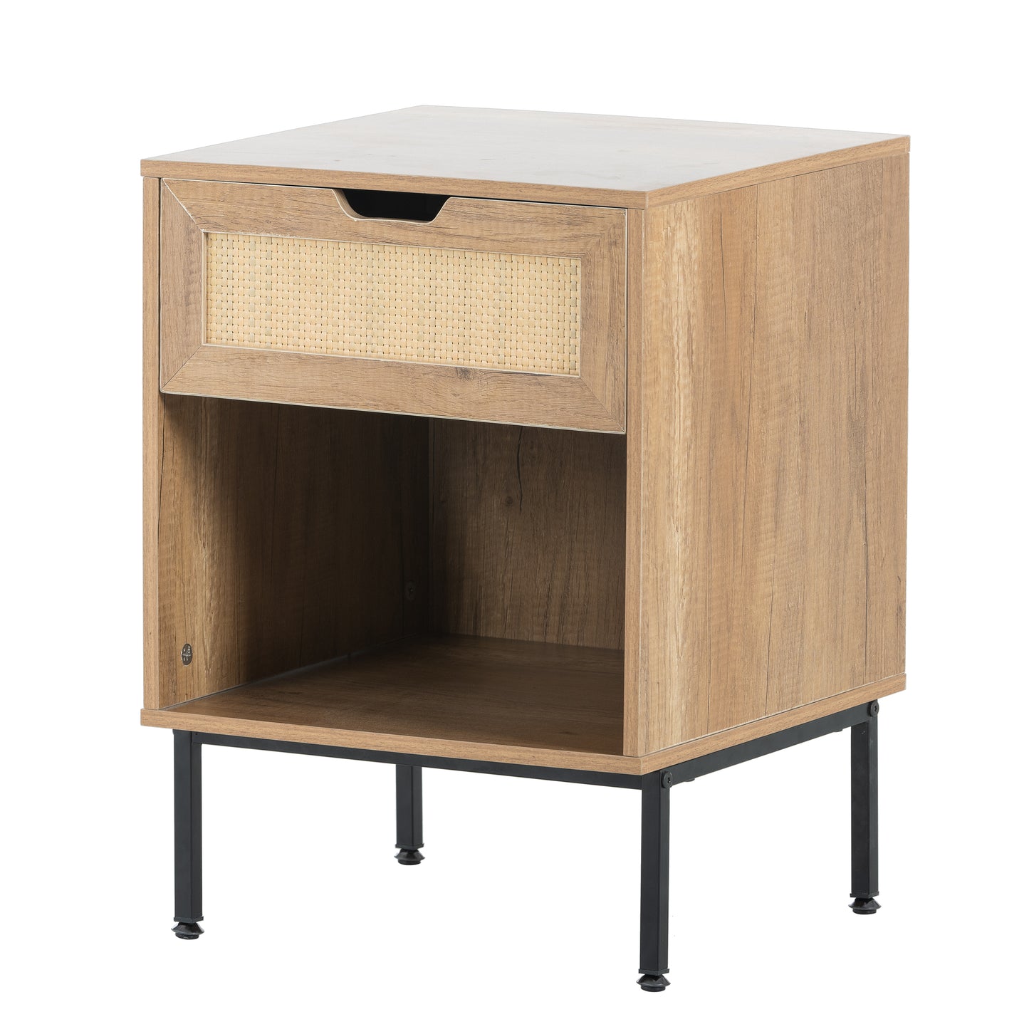 Mid Century Modern Nightstand with Rattan Door Storage and Metal Legs for Small Spaces