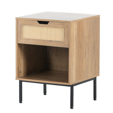 Mid Century Modern Nightstand with Rattan Door Storage and Metal Legs for Small Spaces