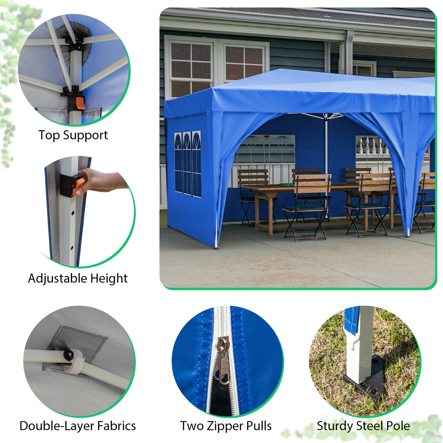 10x20 Blue Pop Up Canopy Tent with 6 Sidewalls Waterproof Commercial Outdoor Shelter Adjustable Height Carry Bag Sand Bags Ropes and Stakes