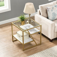 Golden Side Table with Storage Shelf Tempered Glass Top Metal Frame for Living Room and Bedroom