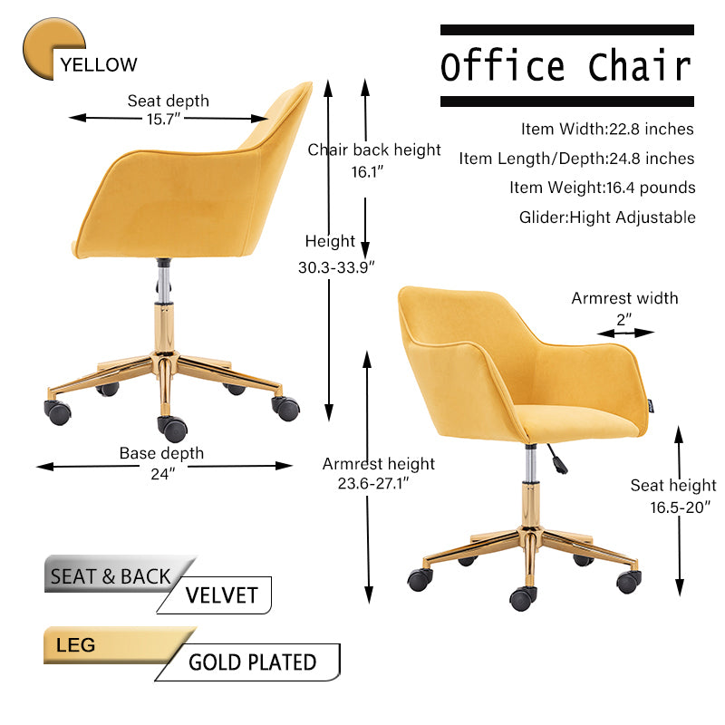 Modern Velvet Adjustable Height 360 Revolving Home Office Chair Gold Metal Legs Universal Wheels Indoor Yellow