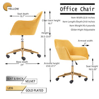 Modern Velvet Adjustable Height 360 Revolving Home Office Chair Gold Metal Legs Universal Wheels Indoor Yellow