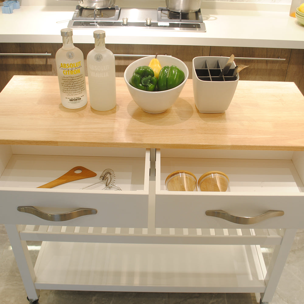 Mobile Kitchen Island with Rubber Wood Top, Lockable Wheels, Simple Design, Two Drawers for Utensil Storage, Easy to Move and Store