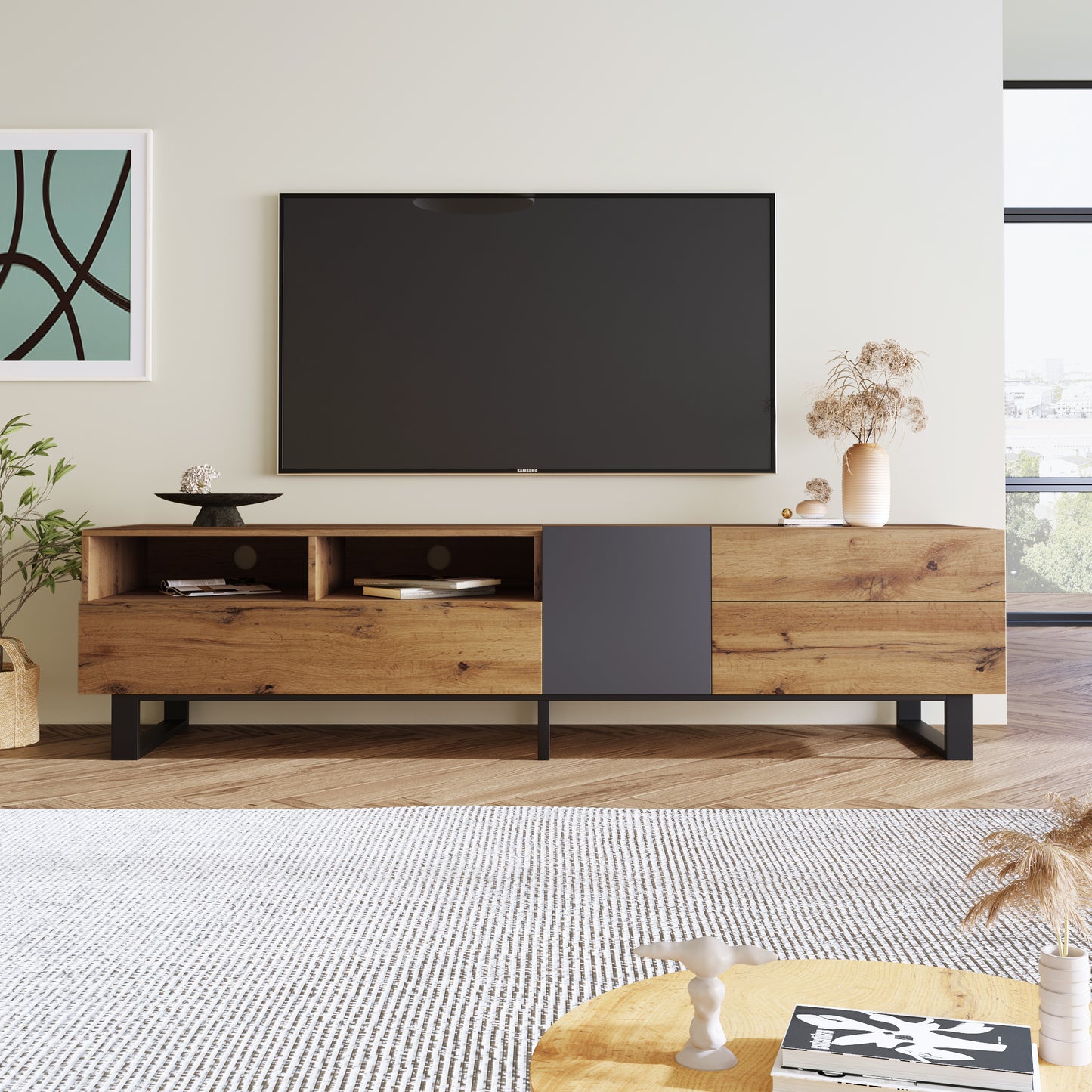 Modern TV Stand for 80 Inch TV with Double Storage Media Console Table Entertainment Center Drop Down Door for Living Room Bedroom Home Theatre