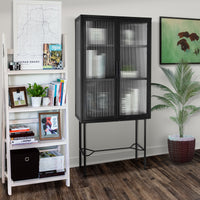 Elegant Floor Cabinet with 2 Tempered Glass Doors Adjustable Shelves Dust-Free Easy Assembly Black Living Room Display Storage