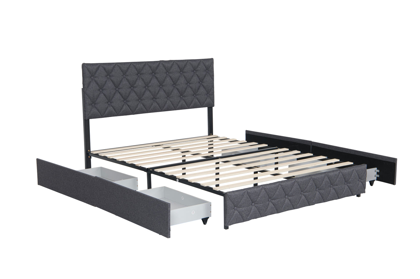 Queen Size Upholstered Platform Bed Frame with Storage Drawers Adjustable Linen Headboard Easy Assembly Light Beige