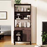 Tall Walnut Finish Open Bookshelf with LED Lights and Storage Drawer for Living Room and Office