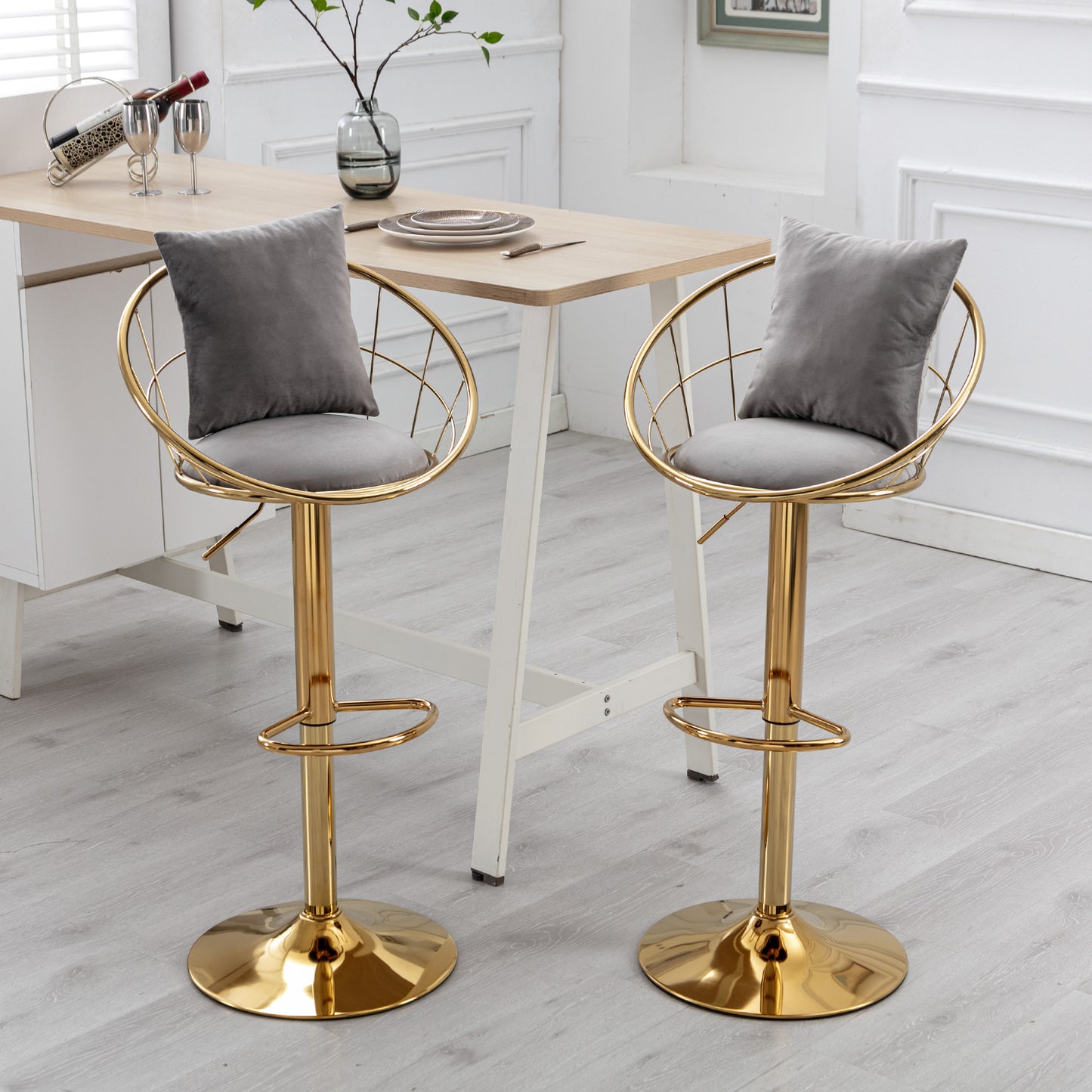 Grey Velvet Bar Chairs Set of 2 Gold Plated Unique Design 360 Degree Rotation Adjustable Height Dining Room and Bar