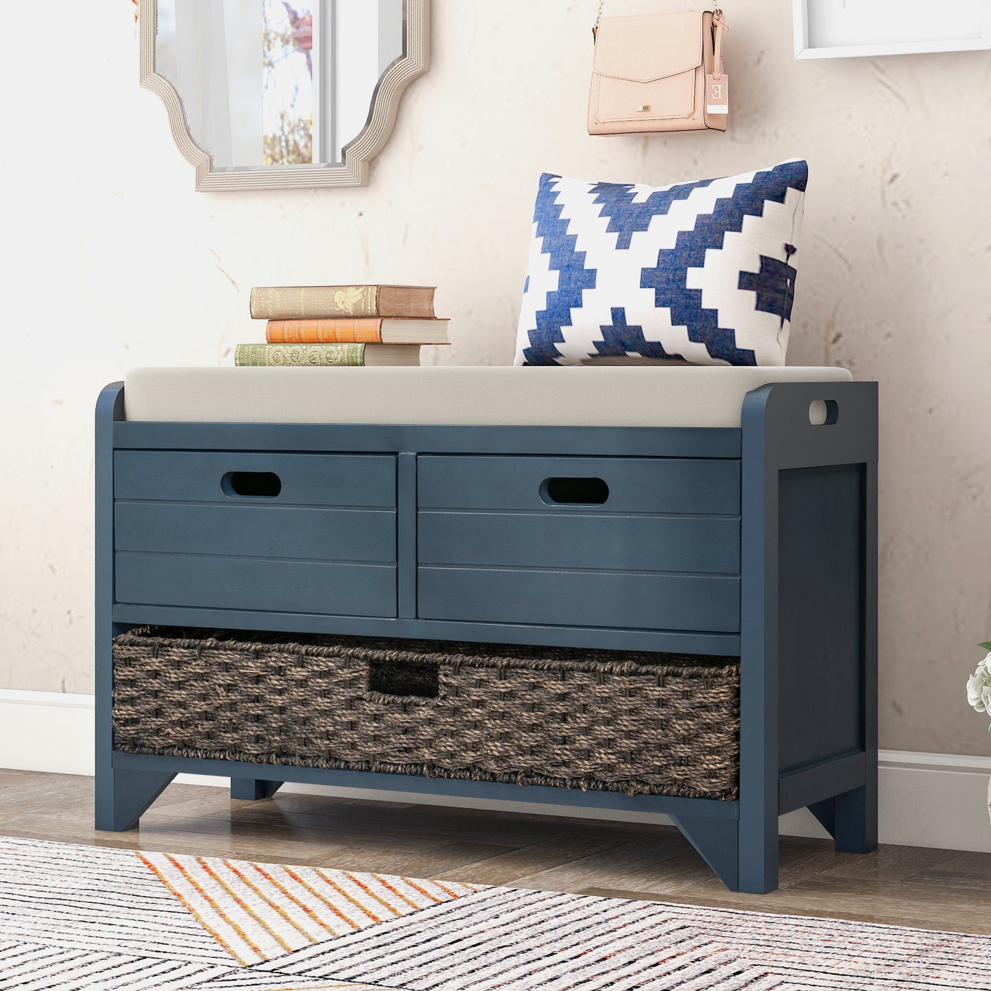 Storage Bench with Removable Basket and 2 Drawers Fully Assembled Shoe Bench with Cushion Navy