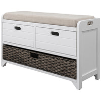 Storage Bench with Removable Cushion and 2 Drawers, Fully Assembled Shoe Organizer with Removable Basket, White