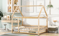Full Size Floor Wooden Bed with House Roof Frame, Fence Guardrails ,Natural