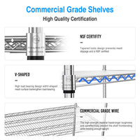 5 Tier Heavy Duty Adjustable Storage Rack 6000lbs Metal Shelf Wire Shelving Unit with Wheels and Shelf Liners 82H x 48L x 24D Chrome