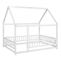 Wooden Full Size Bed With House Roof Frame And Fence Guardrails In Grey