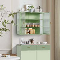 Modern Two-Door Glass Wall Cabinet with Three-Tier Storage for Entryway Living Room Bathroom Dining Room Mint Green