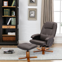 Swivel Recliner Chair with Ottoman Faux Leather Beige Brown Wood Base for Living Room Bedroom