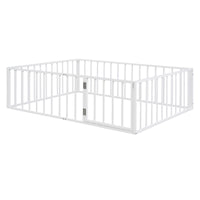 Full Size Metal Floor Bed Frame with Fence and Door, White