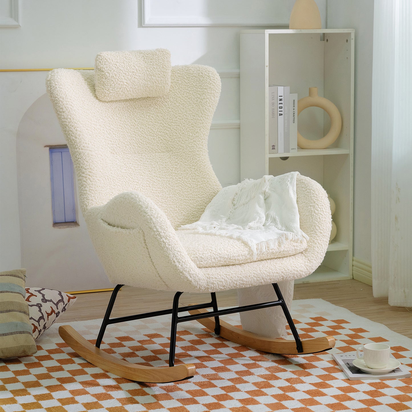 Beige Teddy Upholstered Rocker Glider Chair with Adjustable Headrest for Nursery Bedroom Living Room Office