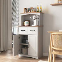 White Wooden Kitchen Cabinet - Pantry Storage Unit with Microwave Shelf and Storage Drawer for Kitchen Organization