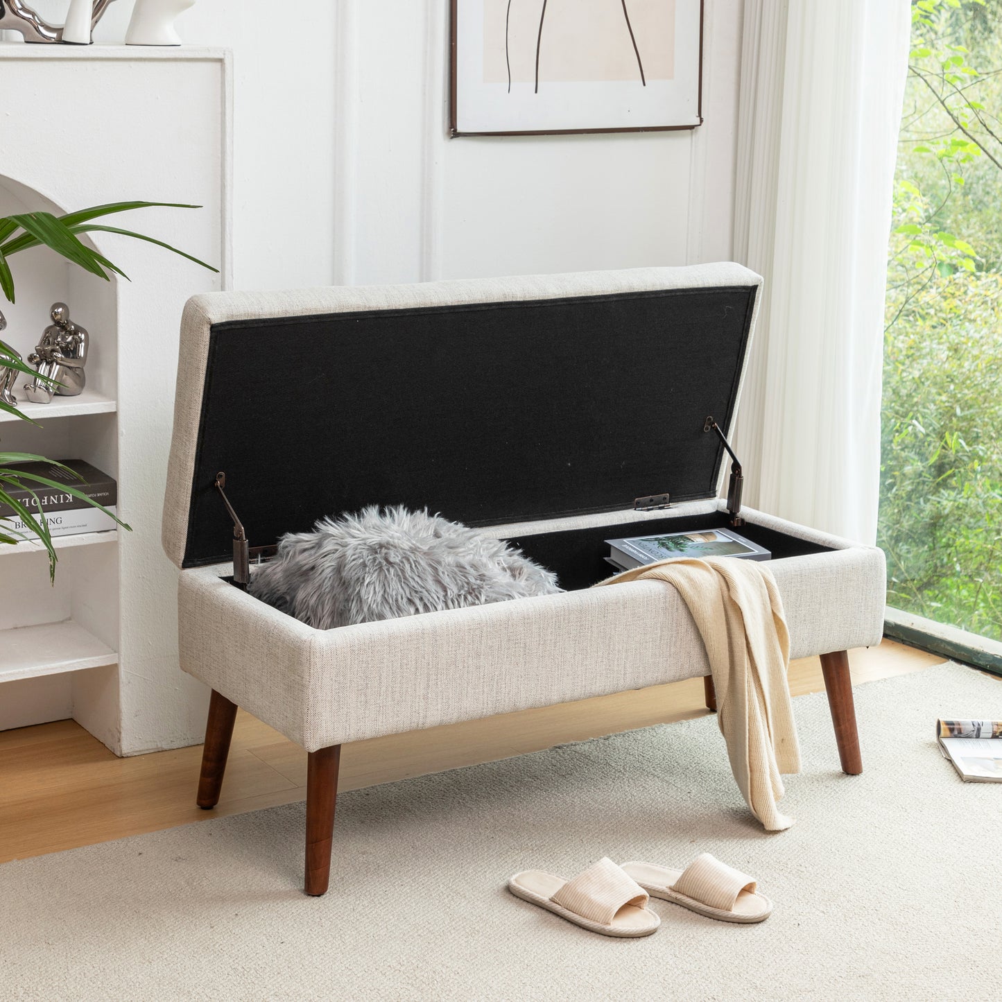 Off White Storage Bench for Bedroom or Entryway 43.7 Inch Ottoman Foot of Bed Seating Solution