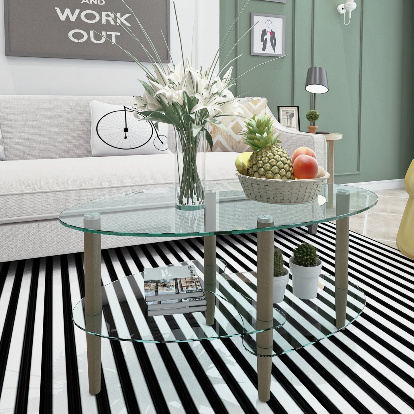 Transparent Oval Glass Coffee Table Modern Design Oak Wood Legs 3-Layer Living Room Tea Table