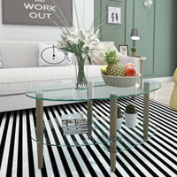 Transparent Oval Glass Coffee Table Modern Design Oak Wood Legs 3-Layer Living Room Tea Table
