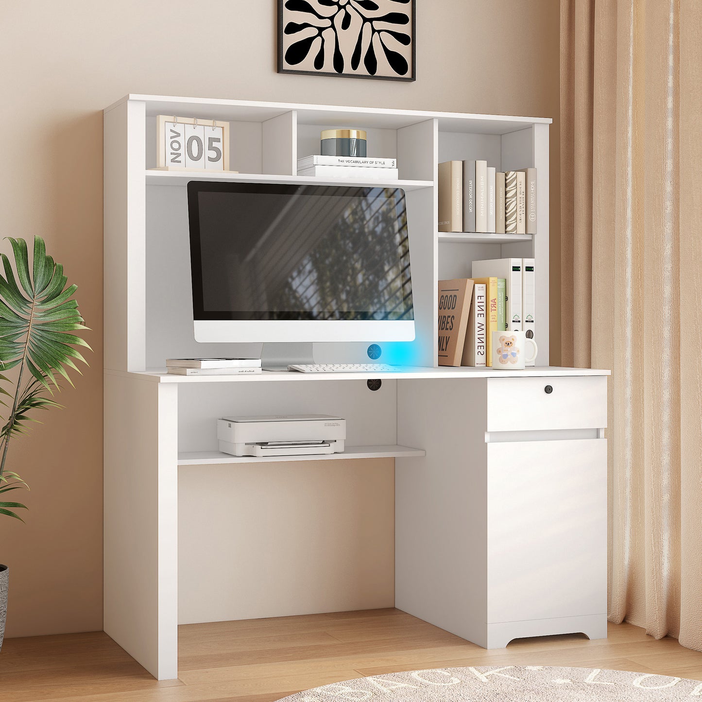 White Wood Executive Desk with Hutch Bookshelf 3 AC Outlets 2 USB Ports for Home Office Study