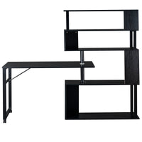 L-Shaped Corner Computer Desk with Rotating Table and 5-Tier Bookshelf, Lockable Casters, Four Installation Methods, Black