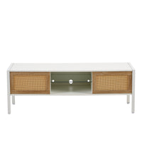 Rattan TV Cabinet with Color Changing Light Strip Double Sliding Doors Adjustable Shelf Metal Legs for Living Room White