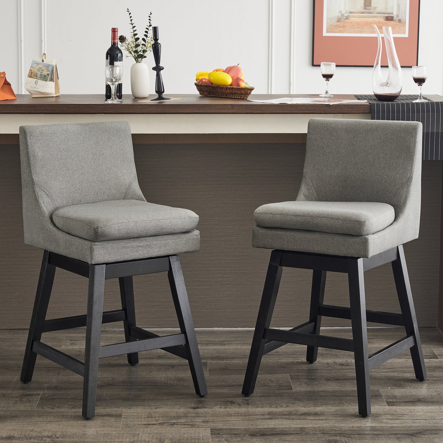 26 Inch Upholstered Swivel Bar Stools Set of 2 Modern Linen Fabric High Back Counter Stools Ergonomic Design Wood Frame