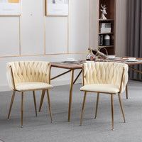 Modern Velvet Dining Chair Set of 2 with Golden Metal Frame and Legs Ivory Color