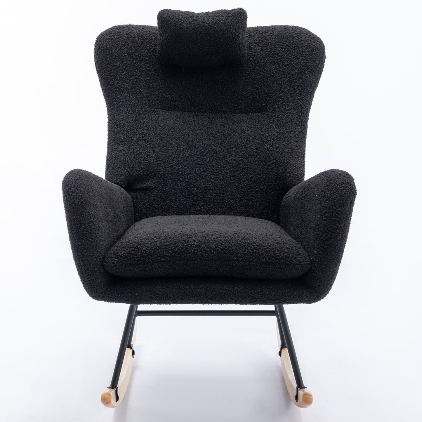 Black 35.5 Inch Soft Teddy Fabric Wingback Rocking Chair with Pocket Solid Wood Base for Nursery Living Room Bedroom