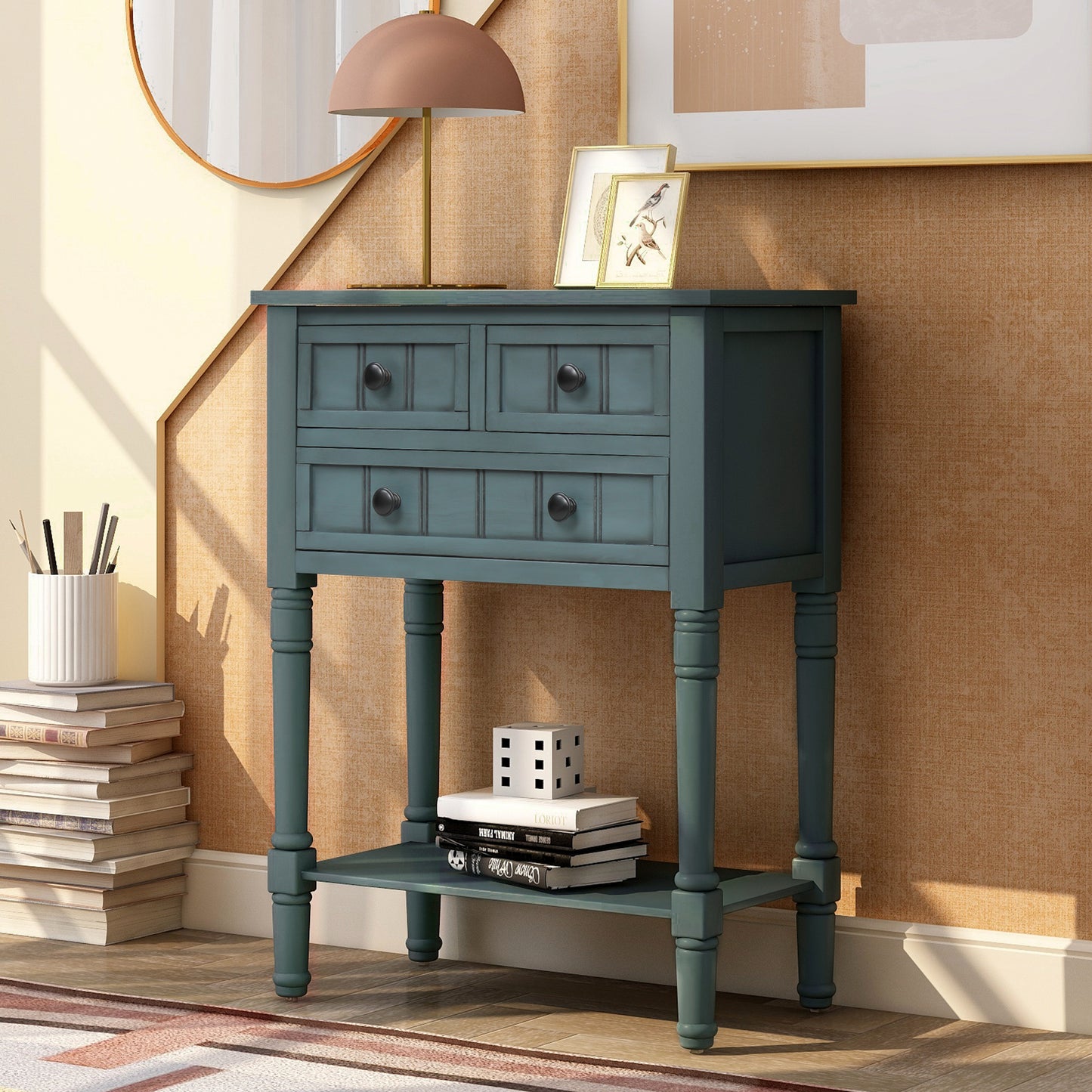 Narrow Console Table with Three Storage Drawers and Bottom Shelf for Living Room Easy Assembly Navy