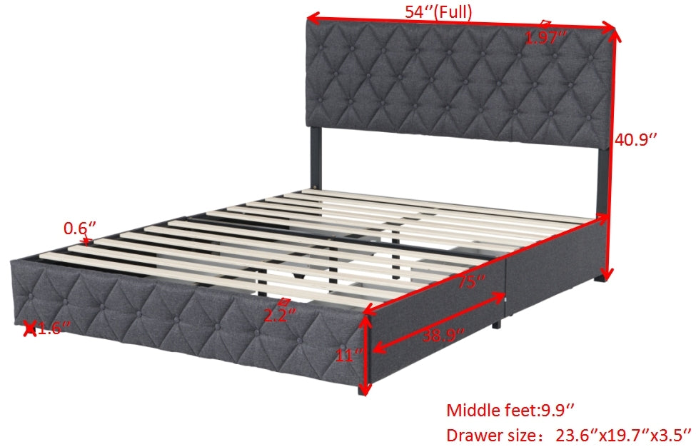 Full Size Upholstered Platform Bed Frame with Adjustable Headboard and 4 Storage Drawers Grey