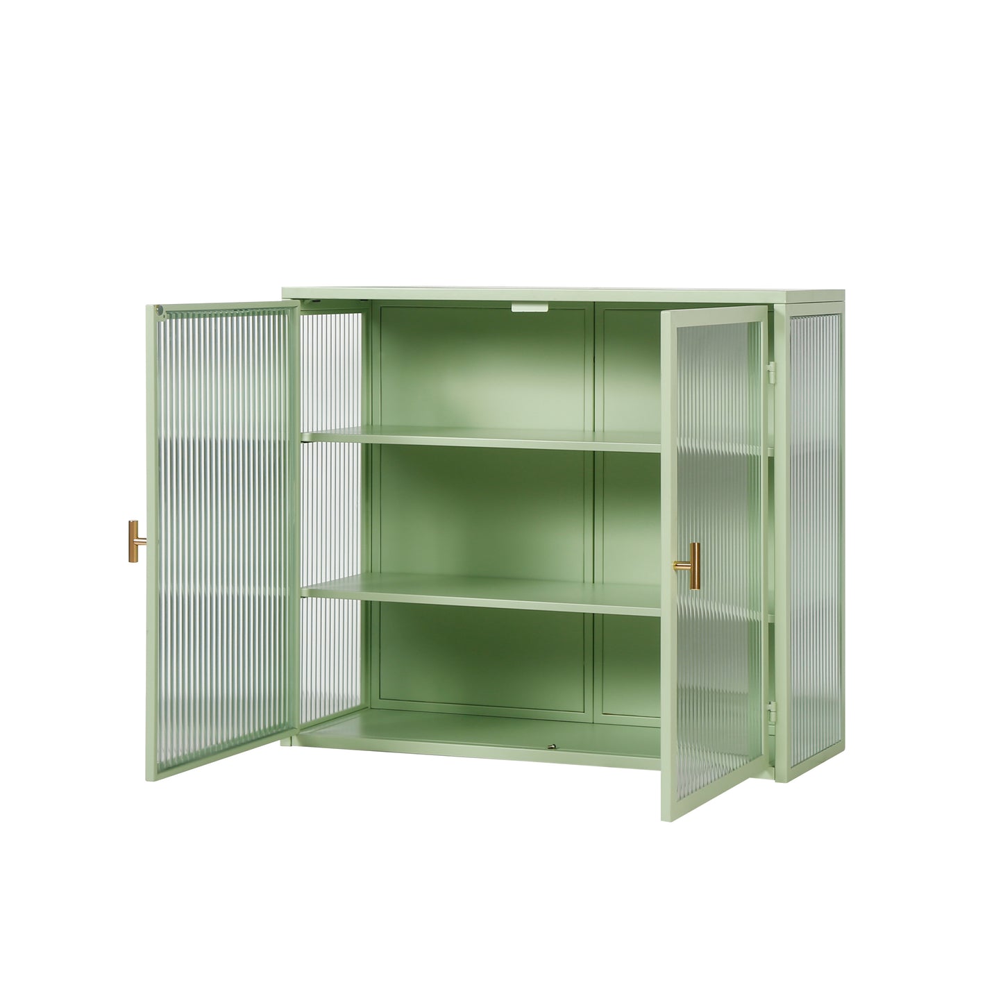 Modern Two-Door Glass Wall Cabinet with Three-Tier Storage for Entryway Living Room Bathroom Dining Room Mint Green