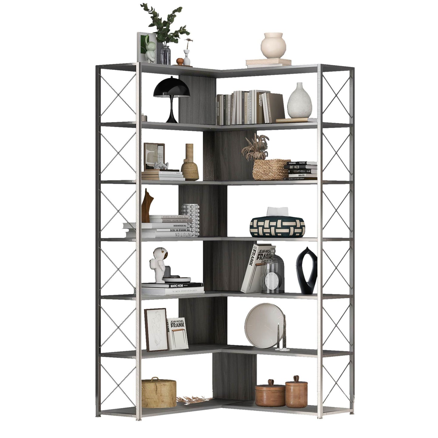 L-Shaped 7-Tier Corner Bookcase Industrial Style Metal Frame Open Storage Shelf MDF Board Home Office Furniture