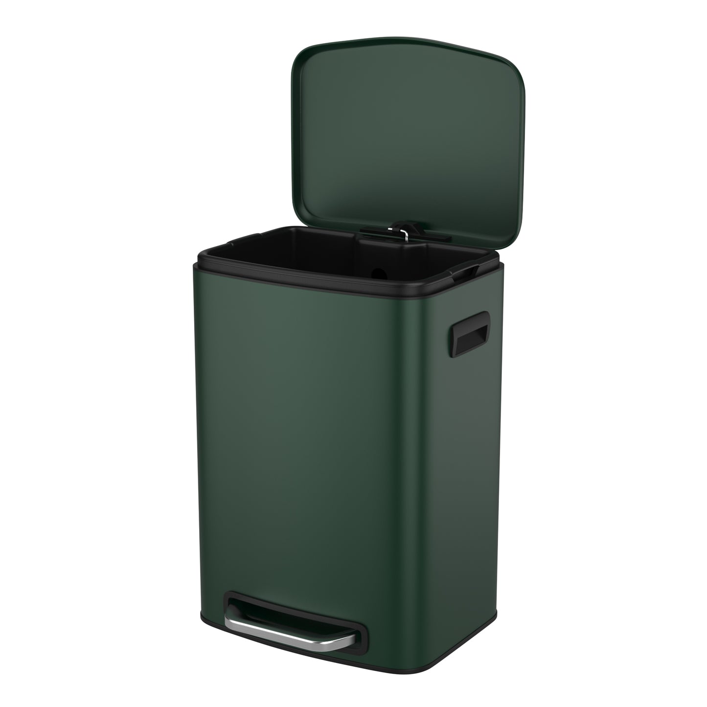 13 Gallon 50L Kitchen Foot Pedal Soft Close Trash Can Stainless Steel Rectangular Bin with 30 Garbage Bags Green