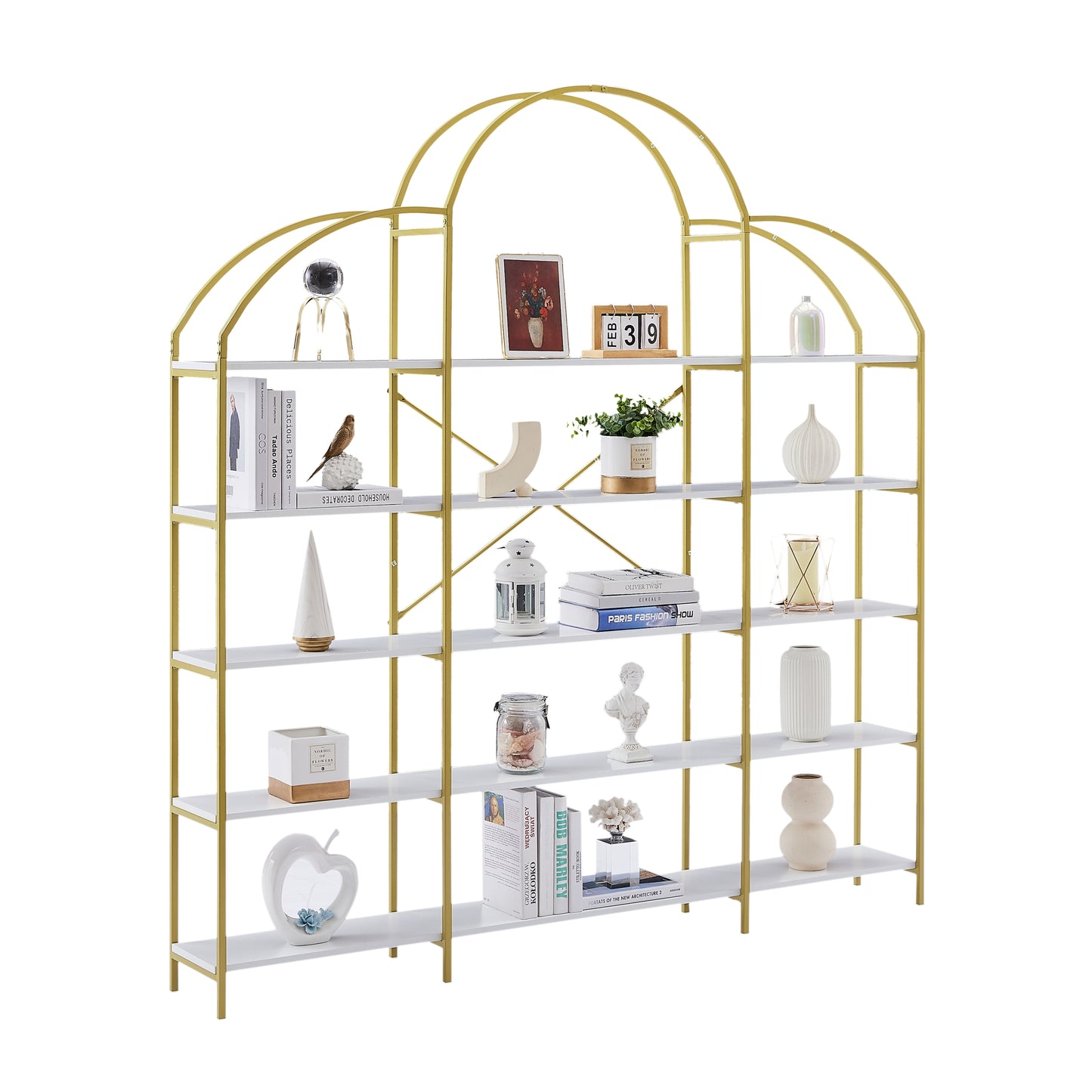 74.8 Inch 5 Tier Office Bookcase Bookshelf Display Shelf Round Top X Bar Gold Frame Modern Home Decor