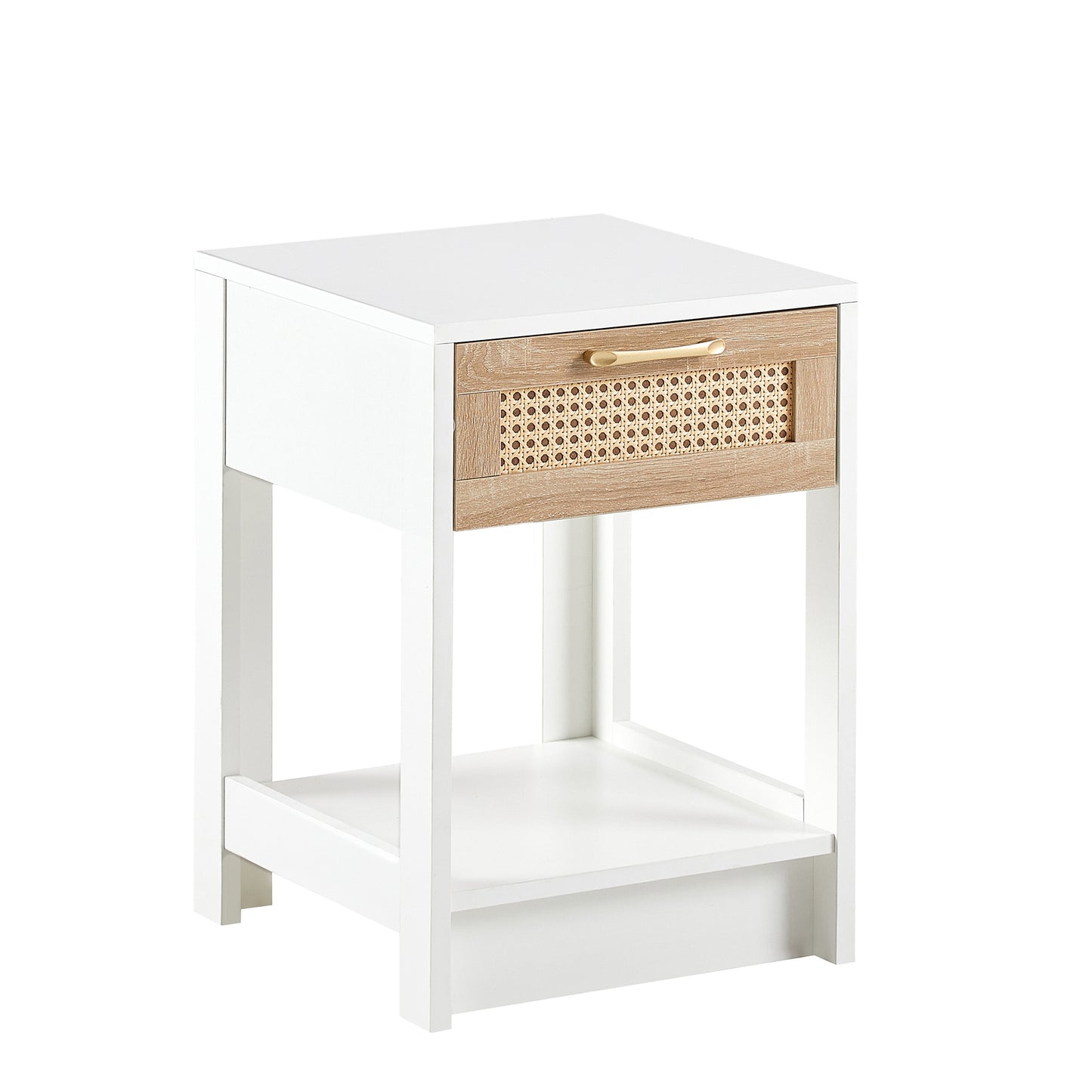 15.75 Inch Rattan End Table with Drawer Modern Nightstand Side Table for Living Room Bedroom White